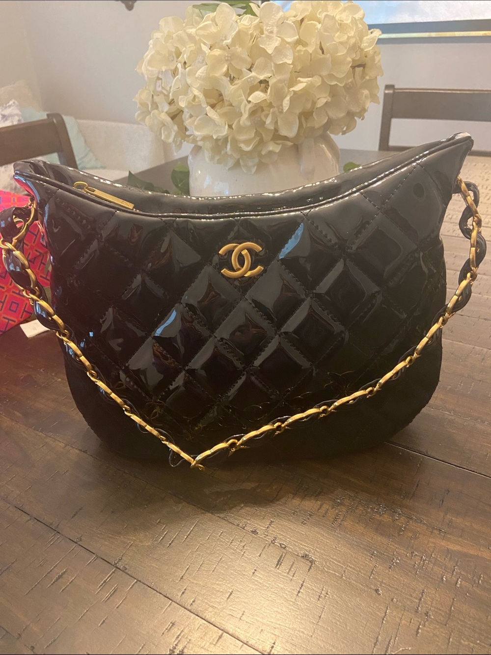 Chanel Black Patent Quilted Shoulder Bag with Gold Chain